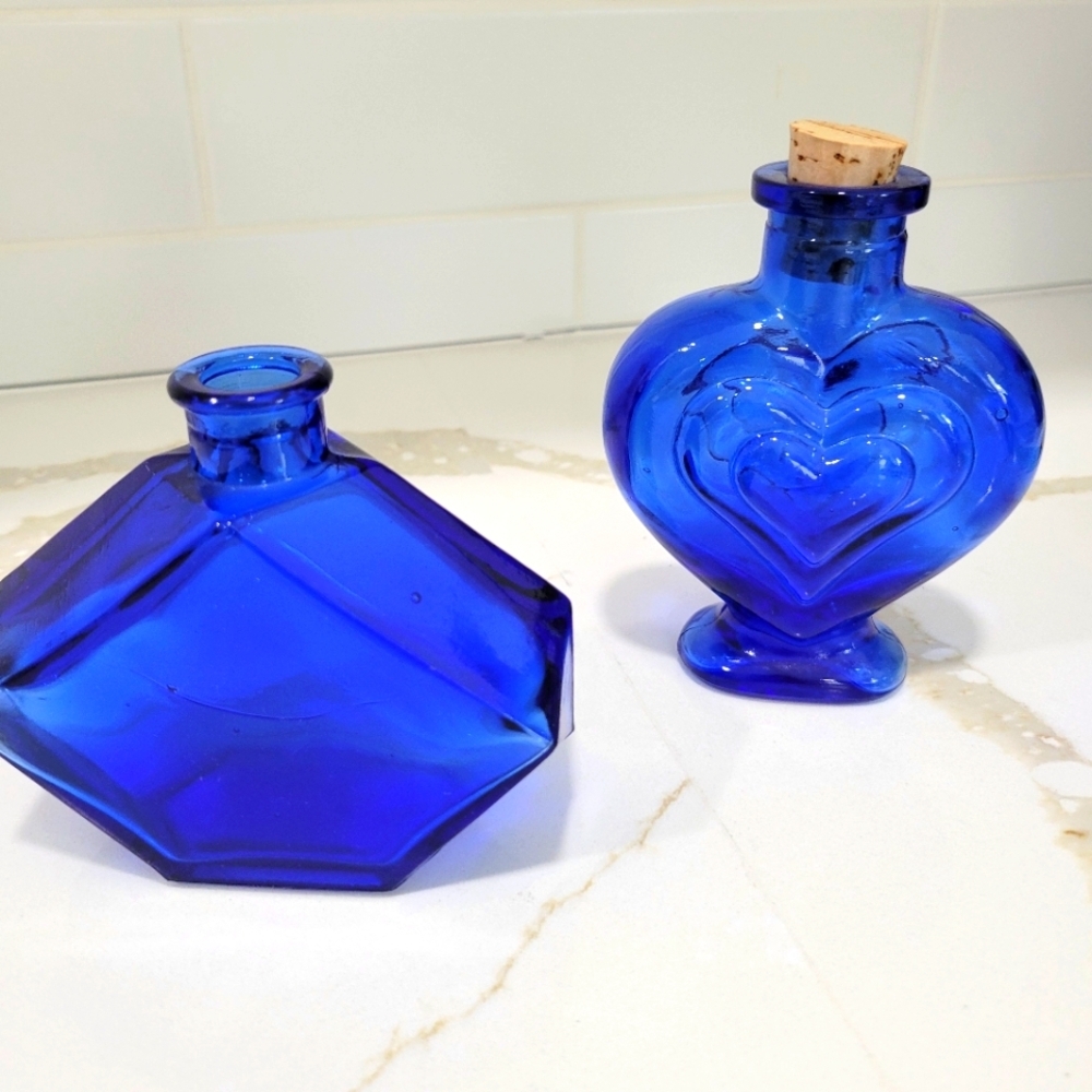 Blue Glass Heart and Diamond Shaped Bottles